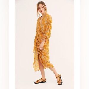 Vetiver Retrograde Mustard Kimono Maxi Dress Size S Boho Floral Wrap